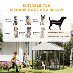 Outdoor Dog Kennel With Roof, Rotating & 4-Level Adjustable Bowls