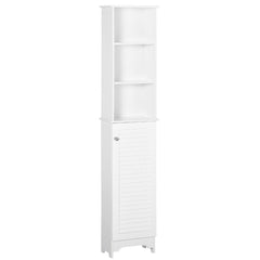 Tall Bathroom Storage Cabinet/Freestanding Linen Tower with 3-Tier Open Adjustable Shelf and Cupboard, White