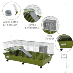 47" Small Animal Cage Chinchilla Guinea Pig Hutch Pet House with Platform Ramp, Food Dish, Wheels, & Water Bottle