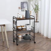 3 Tier Kitchen Cart with Storage, Rolling Kitchen Island Cart with 2 Sliding Fruit Basket and Side Hooks for Dining Room, Rustic Brown