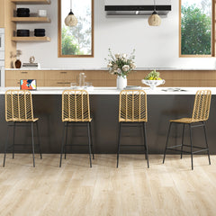 Set of 4 Rattan Barstools Wicker Counter Stools with Steel Legs and Footrest for Dining Room Kitchen Pub Yellow