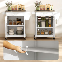 Kitchen Island on Wheels, Rolling Kitchen Cart with Stainless Steel Countertop, Drawer, Towel Rack and Spice Rack, Utility Storage Trolley, White