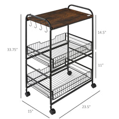 3 Tier Kitchen Cart with Storage, Rolling Kitchen Island Cart with 2 Sliding Fruit Basket and Side Hooks for Dining Room, Rustic Brown