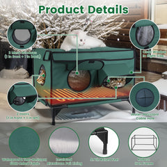 1Pc Waterproof Heated Cat House Outdoor Weatherproof Insulated Kitty Shelter Feral Cat Heating Bed With Heating Pad Anti-Chew Cord 2 Doors 3 Windows For Indoors Outdoors Winter Summer