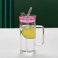 1 Pcs Pink Glass Straw Cup, 6 Colors Square Glass Cup With Straw And Lid, High Borosilicate Glass Cup, Milk Cup, Juice Cup, Cold Drink Cup, Coffee Cup, Tea Cup, Office Cup, Gift Cup