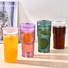 20 Oz 2-pack Pink Glass Straw Cup With Vertical Pattern Cup And Lid, High Borosilicate Heat-resistant Glass Cup For Juice, Milk And Cold Drinks