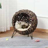 20.5" Weaved Cat Bed, Elevated Hand-woven Braided Banana Leaf Kitten House Condo with Cushion, Brown