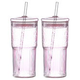 20 Oz 2-pack Pink Glass Straw Cup With Vertical Pattern Cup And Lid, High Borosilicate Heat-resistant Glass Cup For Juice, Milk And Cold Drinks