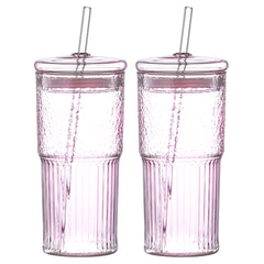 20 Oz 2-pack Pink Glass Straw Cup With Vertical Pattern Cup And Lid, High Borosilicate Heat-resistant Glass Cup For Juice, Milk And Cold Drinks
