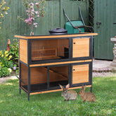 48" 2-Story Large Rabbit Hutch Bunny Cage Wooden Pet House Metal Frame with Rooms, Ramp, No Leak Tray, Feeding Trough, Waterproof Asphalt Roof for Rabbits, Chickens, Ducks, Outdoor/Indoor