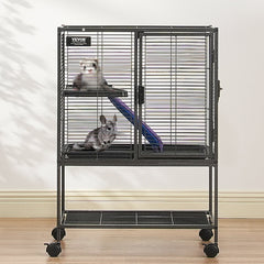34' Metal Small Animal Cage 2-Tier Rolling Ferret Cage With Tray A Ramp
