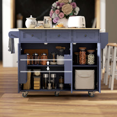 Kitchen Island on Wheels with Drop Leaf, Charging Station, Rolling Kitchen Cart with Wood Top, Adjustable Shelf, Blue