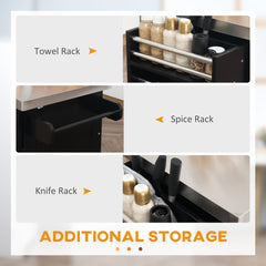 Rolling Kitchen Island Cart with Wheels, Portable Island Table for Kitchen with Stainless Steel Top, Adjustable Shelves, 2 Drawers, Spice, Knife and Towel Rack, Black