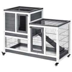 Wooden Rabbit Hutch Elevated Bunny Cage Indoor Small Animal Habitat with Enclosed Run with Wheels, Ramp, Removable Tray for Rabbits, Chickens, Ducks, Guinea Pigs, Gray