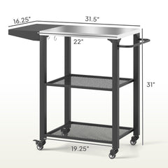 Three-Shelf Outdoor Grill Cart Table With Foldable Side Table, Stainless Steel Top Pizza Oven Stand With Hooks, Silver