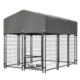 Dog Kennel Outdoor With Roof, 4.23'x5.82'x4.83' Welded Wire Enclosure, Heavy Duty Dog Crate With UV-Resistant Waterproof Cover, Double Lock & Rotating Feeder