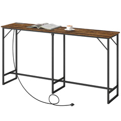 70" Bar Table with Charging Station, Industrial Rectangular Bar Height Pub Table with Steel Frame, Rustic Brown