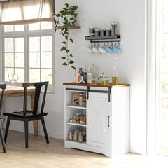 Farmhouse Kitchen Sideboard Buffet Cabinet Coffee Bar Cabinet with Sliding Barn Door and Adjustable Shelf White