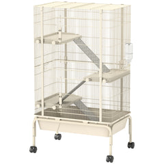 47" Small Animal Cage, 4 Levels Large Rolling Metal Ferret Cage w/ 5.9" Deep Tray, Ramps, Water Bottle, Food Dish, Beige