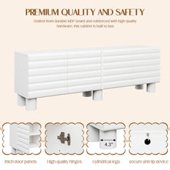 Stylish Thick Wavy Door TV Cabinet With Adjustable Shelves, Cream Style TV Stand With 4 Cabinets For TVs Up To 75, Solid Media Console With Cylindrical Legs And Cable Holes For Living Room, White