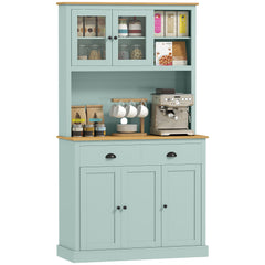 Kitchen Pantry Storage Cabinet with Microwave Stand, 71" Modern Kitchen Hutch with Open Countertop, Glass Doors, Storage Drawers and Adjustable Shelves for Dining Room, Coffee Bar, Light Blue
