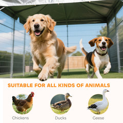 Welded Wire Outdoor Dog Kennel with 360° Rotating & 4 Levels Adjustable Bowls, Waterproof Cover, 7.9' x 4' x 6'