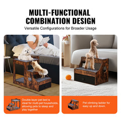 Pet Bunk Bed With Stairs Dog/Cat Window Perch With Storage Indoor Brown
