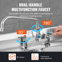 Commercial Faucet With Pre-Rinse Sprayer, 44' Height, 8' Center, 12' Swing Spout, Deck Mount Kitchen Sink Faucet, Brass Constructed Device With Pull Down Spray, For 1/2/3 Compartment Sink