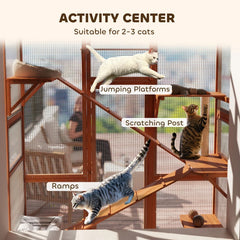 Outdoor Catio Cat Enclosure, Large Wooden Cat House With 6 Jumping Platforms, Scratching Post, 2 Ramps, For 2-3 Kittens