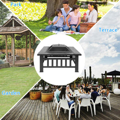 32 Inch Multifunctional Fire Pit Table Square Metal Firepit Stove Backyard Patio Garden Fireplace For Camping, Outdoor Heating, Bonfire And Picnic