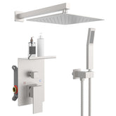 Rain Shower System With Storage Rack, 10-inch Shower Faucet Set, Brushed Nickel Finish, High-pressure Square Shower Head, Luxury Wall-mounted Shower Set.