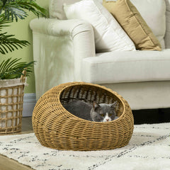Rattan Cat Bed with Washable Cushion for Cats, Puppies, Light Brown