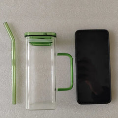 1 Pcs Transparent Glass Straw Cup, 6 Colors Square Glass Cup With Straw And Lid, High Borosilicate Glass Cup, Milk Cup, Juice Cup, Cold Drink Cup, Coffee Cup, Tea Cup, Office Cup, Gift Cup