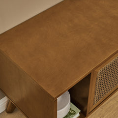 67.9 Inch Mid Century Modern Rattan TV Stand For TVs Up To 75, Entertainment Cabinet, Media Console For Living Room Media Room, Solid Wood Feet & Rattan Cabinet Doors - Light Walnut