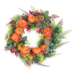 1Pc 17.71IN Autumn Wreath With Pumpkin Mixed Leaves Berries Flowers Fall Decoration For Indoor Outdoor Window Wall Front Door In Halloween Thanks Giving Day