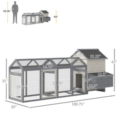 100" Chicken Coop Wooden Chicken House Large Rabbit Hutch Poultry Cage Backyard with Double Run, Nesting Box, Gray