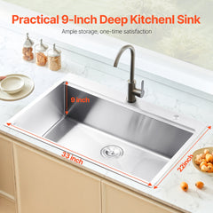 33' Kitchen Sink Top Mount Single Bowl Drop-In Basin Stainless Steel Bar