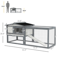 Large Rabbit Cage Outdoor 61"L Guinea Pig Hutch w/ Run Feeding Trough Removable Tray Ramp Asphalt Roof, White