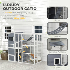Large Wooden Catio Outdoor, Cat Enclosure w/ 4 Tier Resting Rooms, 3 Platforms, 1 Soft Ladder, 2 Ramps, 1 Hammock, Gray