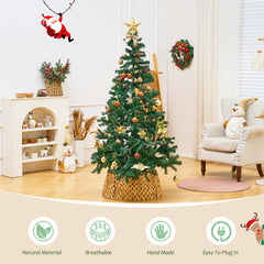 Handcrafted Openwork Woven Hyacinth Wicker Christmas Tree Collar - Rattan Xmas Tree Skirt & Stand Base Cover (Natural, 24 In)