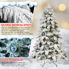 5FT 6FT 7FT 8FT Prelit Flocked Christmas Tree With Light, Snowy Pine Design, Warm White LED Lights, Hinged Branches, Metal Stand, Realistic Artificial Xmas Tree For Indoor Holiday Decoration