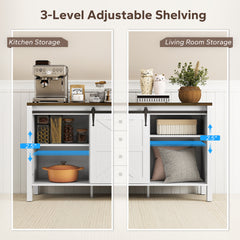 59" Buffet Cabinet, Farmhouse Sideboard with Thick Top, 2 Barn Doors, 4 Drawers and 2 Adjustable Shelves, White