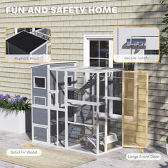 Large Wooden Outdoor, Cat Enclosure W 4 Tier Resting Rooms, 3 Platforms, 1 Soft Ladder, 2 Ramps, 1 Hammock, Gray