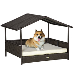 Wicker Dog House Outdoor with Canopy, Rattan Dog Bed with Water-resistant Cushion, Raised Dog Bed for Small, Medium Dogs up to 66 lbs, 19.75" in Length, Brown Wicker, White Cushion