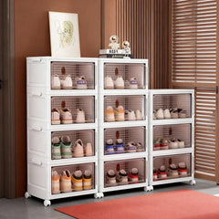 Stackable Shoe Storage Rack, Plastic Cabinet With Clear Doors For Home Use
