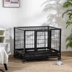 PawHut Heavy Duty Dog Crate With Removable Tray, Lockable Wheels And Double Door, For Medium And Large Dogs, Black