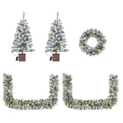 Pre-lit Holiday Christmas 4-Piece Set, Christmas Garland, Wreath And Set Of 2 Entrance Trees With Warm White LED Lights And Remote Control, Artificial Christmas Tree Celebrating Set, Snowy Green