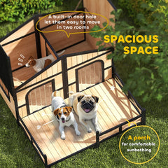 Dog House Outdoor, Wooden Dog Kennel Weatherproof With Porch, Openable Roof, Removable Bottom, Elevated Floor, Double Room For 2 Small To Medium Breeds, Natural