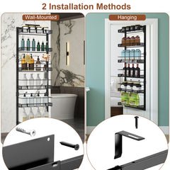 Black-White Options -- 1Pc Over The Door Pantry Organizer 6-Tier Pantry Door Organizer Carbon Steel 110LBS Loading Easy Install Behind Door Storage For Closet Kitchen Bathroom 50.19H 17.12W 5.51in D