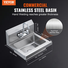 Commercial Hand Sink With Faucet, Stainless Steel Sink For Washing, Small Hand Washing Sink, Wall Mount Hand Basin, Utility Sink For Restaurant, Kitchen, Bar, Garage And Home, 17 X 12.8 Inch
